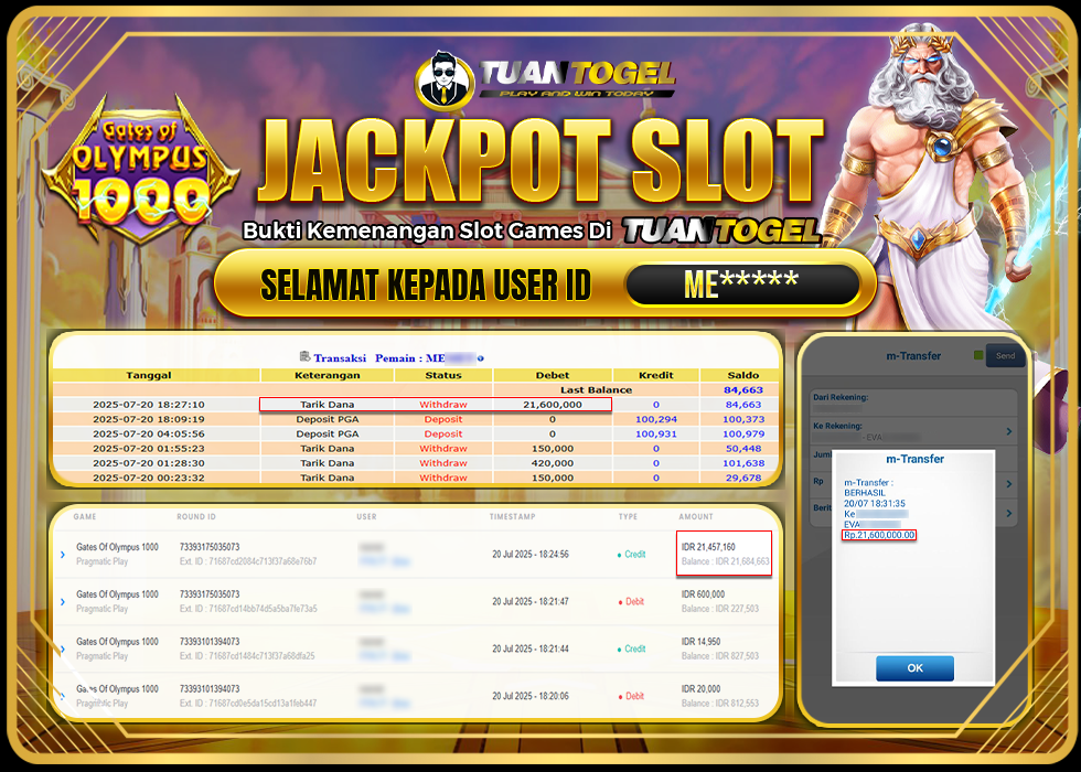 TUANTOGEL JACKPOT SLOT GATES OF OLYMPUS 1000 Rp21.600.000